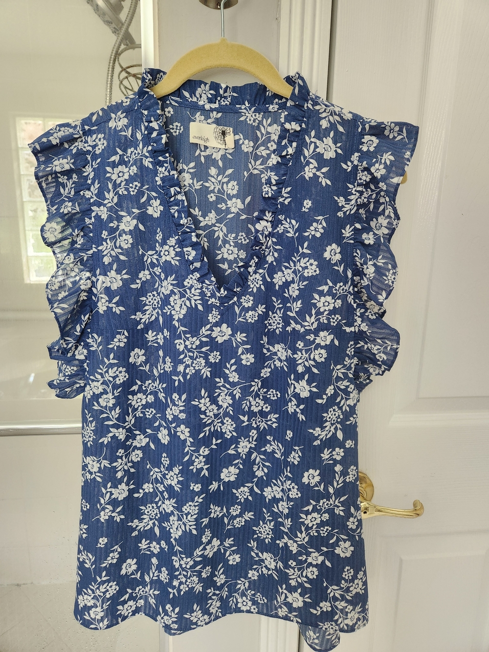 Everleigh Navy Blue Floral Ruffle V-Neck Blouse